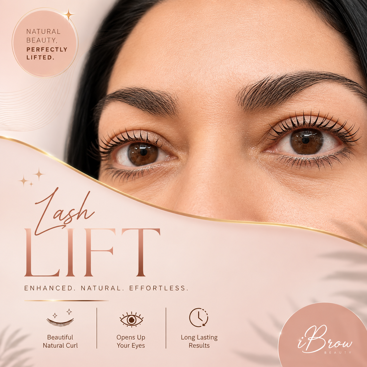 Woman with enhanced lashes and lifted brows